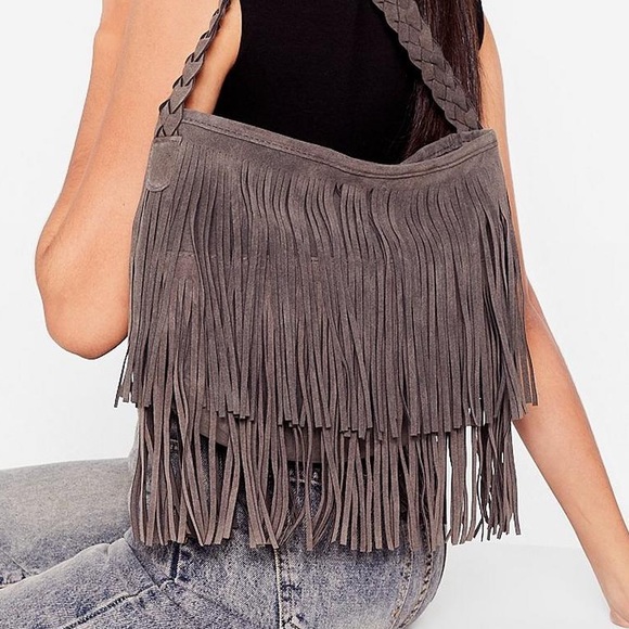 Nasty Gal Handbags - Fringed Suede Shoulder Bag - Gray